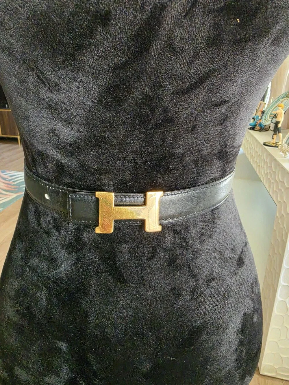 Authentic Hermes Black Leather Belt with Gold H Buckleic